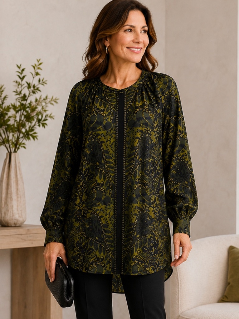 NWT Antonio Melani Sage Bloom Satin Blouse XL Boho Floral Dolman Sleeve Top